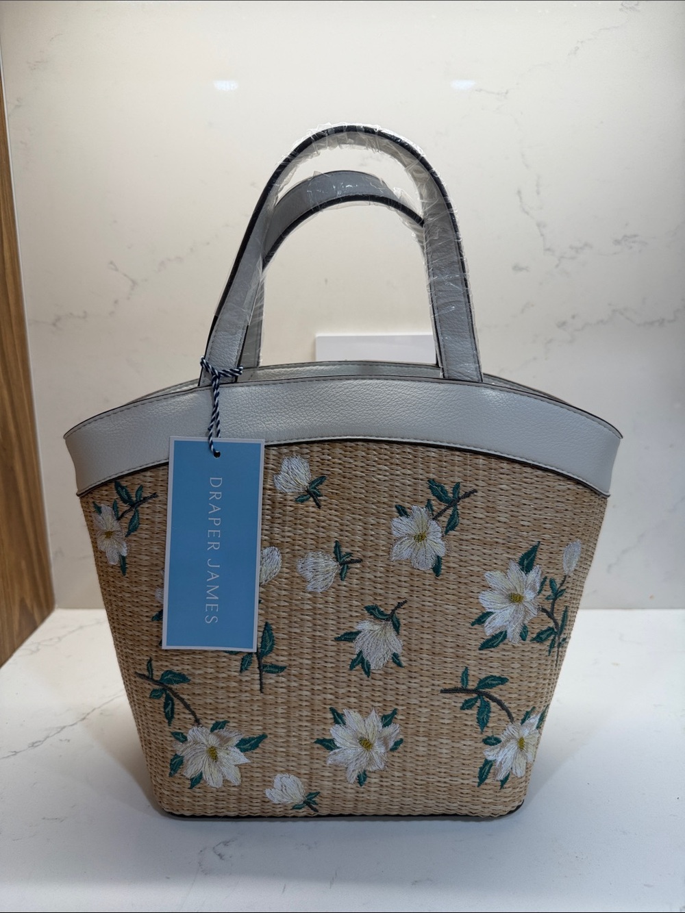 Draper James Cream-Trim Floral Straw Tote